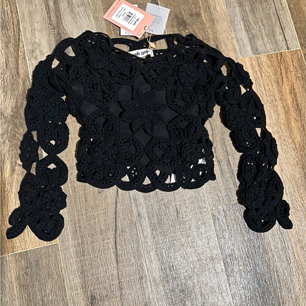 Cult Gaia Black Crochet Floral Top